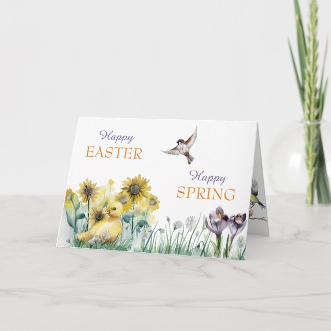 Vår blommor Duckling och Birds Påsk Card Helgkort (Framsida)