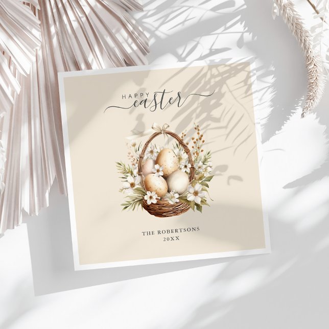 Vår blommor Eggs Pastel Glad påsk Pappersservett (Spring Flowers Eggs Pastel Happy Easter Napkins on a sunny white table.)