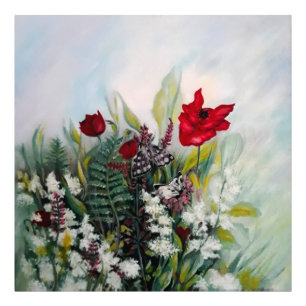 Vår blommor fält med vallmo och fjärilar fototryck