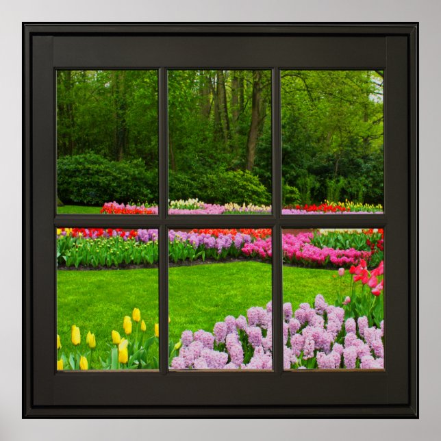 Vår blommor Faux Window Illusion 24x24 Black Poster (Framsidan)