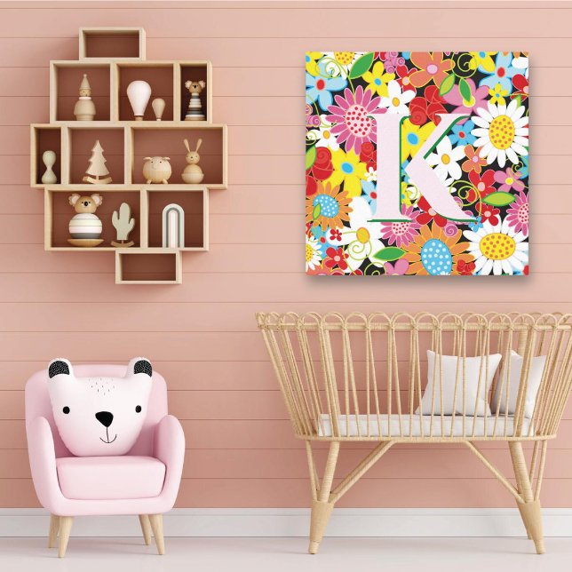 Vår blommor Garden Monogram Whimsical Nursery Canvastryck (Whimsical Colorful Spring Flowers Garden Initial / Monogram Girl's Nursery Canvas Print @ fat_fa_tin)