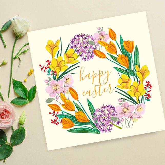 Vår blommor gult påsk blommigt tulp teckning kort (Spring Wildflower Wreath Happy Easter Floral ArtCard)