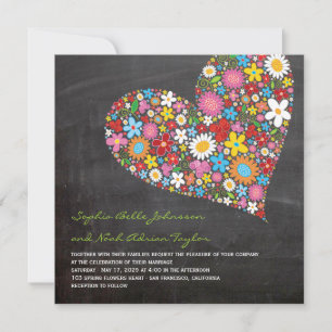 Vår blommor Heart Whimsical Chalkboard Bröllop Inbjudningar