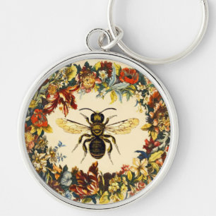 VÅR BLOMMOR HONEY BEE/NÖTKÖPER NÖTKÖTT RUND SILVERFÄRGAD NYCKELRING