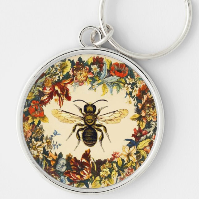 VÅR BLOMMOR HONEY BEE/NÖTKÖPER NÖTKÖTT RUND SILVERFÄRGAD NYCKELRING (Framsidan)