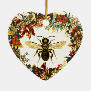 VÅR BLOMMOR HONEY BEE/NÖTKÖPHJÄRTA JULGRANSPRYDNAD KERAMIK