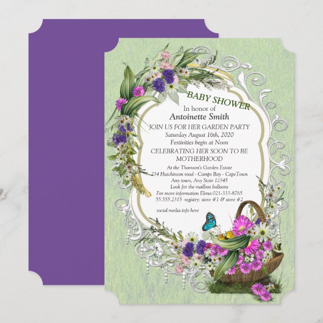 Vår blommor i en Basket-inbjudan till babydusch Inbjudningar (Fram/baksida)
