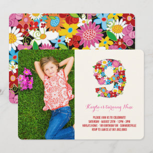 Vår blommor Nine Girl 9 Birthday Photo Inbjudan