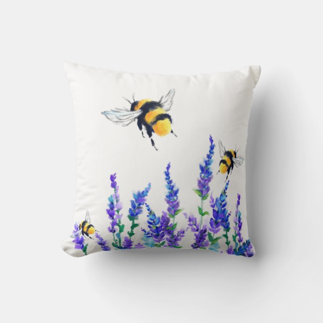 Vår blommor och bin som flyger Dekorativ kudde (Framsida)