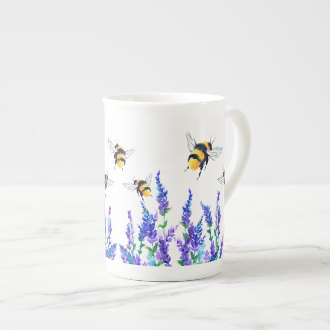 Vår blommor och bin som flyger runt Bone China Mug Benporslin Mugg (Framsida höger)