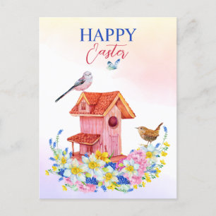 Vår blommor och fågelhus glad påsk vykort