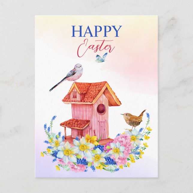 Vår blommor och fågelhus glad påsk vykort (Framsida)