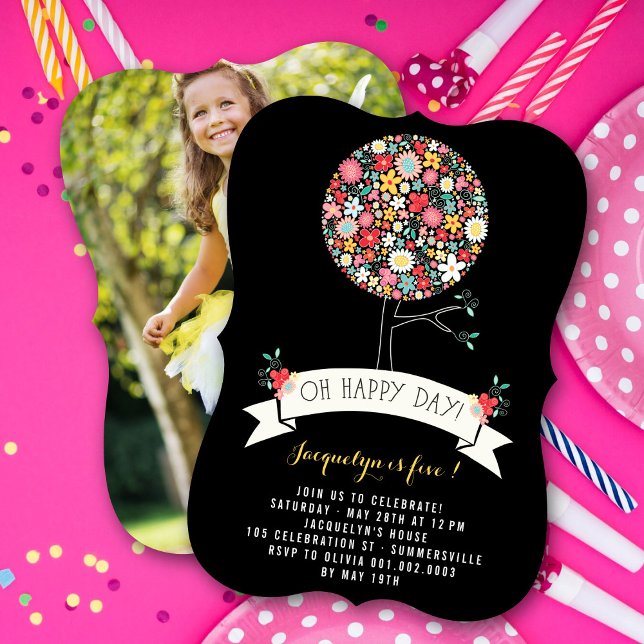Vår blommor Pop Träd Girl Födelsedagsfest Photo Inbjudningar (Whimsical Colorful Spring Flowers Pop Tree Girl's Birthday Party Photo Invitation @ fat_fa_tin)