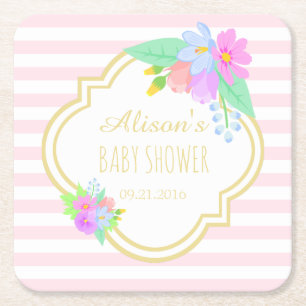 Vår blommor Rosa Rand Baby Shower Underlägg Papper Kvadrat