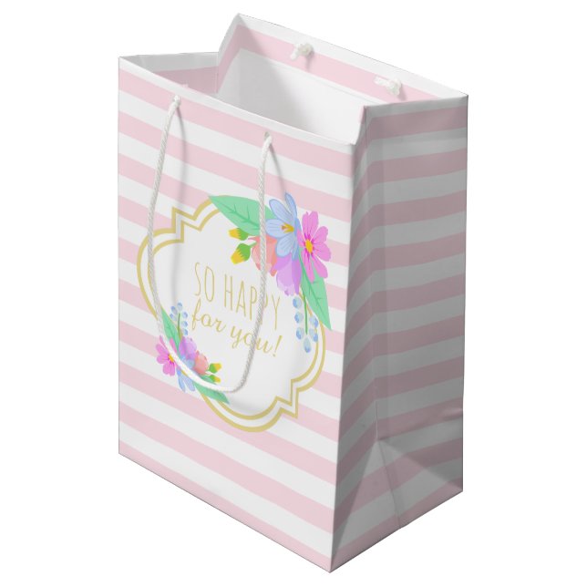 Vår blommor Rosa Strips Baby Shower Gift Bag (Framsidan Vinklad)