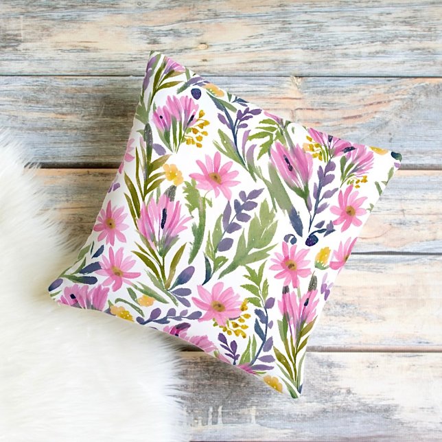 Vår blommor | Söt Pastel Blommigt Vattenfärg Kudde (Skapare uppladdad)