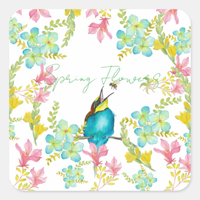 Vår blommor vattenfärg fyrkantigt klistermärke (Framsida)