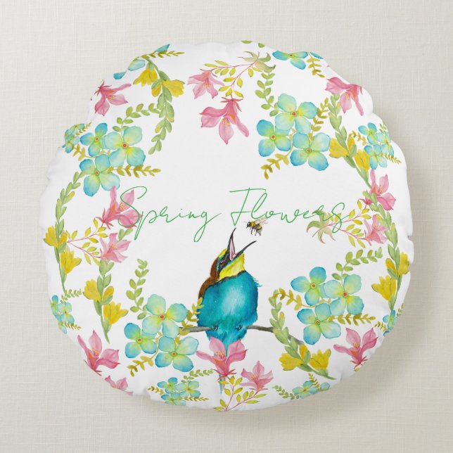 Vår blommor vattenfärg rund kudde (Framsidan)