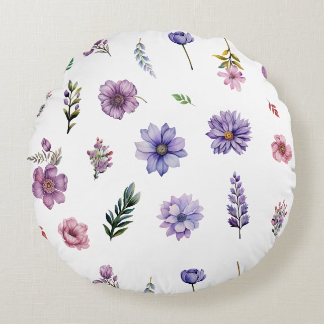 Vår blommor vattenfärgsgrunduppsättning rund kudde (Framsidan)