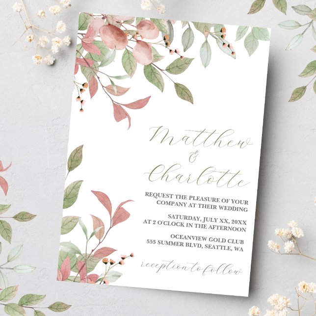 Vår blommor Watercolor Rosa Bröllop Inbjudningar (Watercolor Leaves, Green & Pink Wedding Invitation 3)
