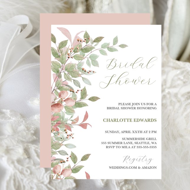 Vår blommor Watercolor Rosa Möhippa Inbjudningar (Watercolor Leaves, Green & Pink, Bridal Shower Invitation)