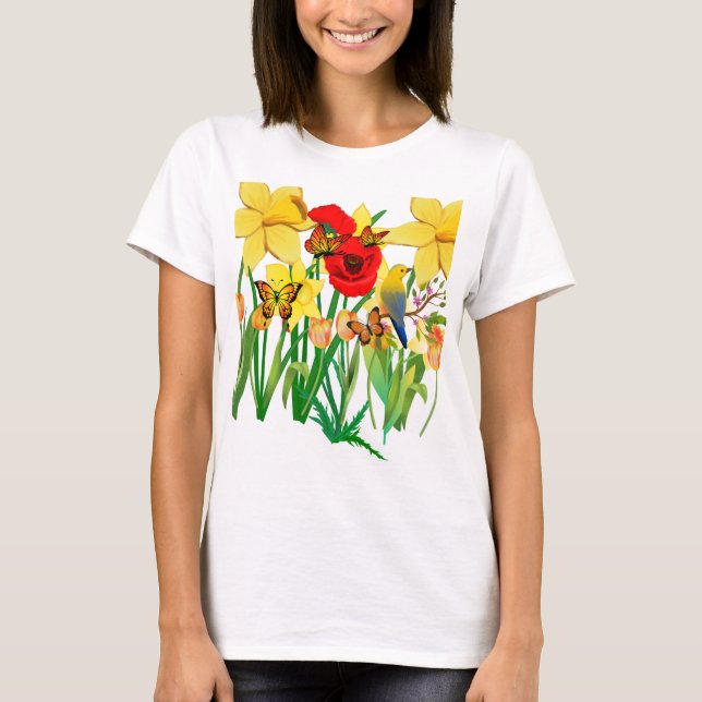 Vår Bloom med fjärilar och saftbjörn T Shirt (Framsida)