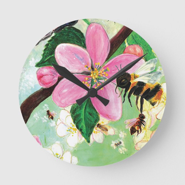 Vår Blossoming Träd med bin Rund Klocka (Framsida)