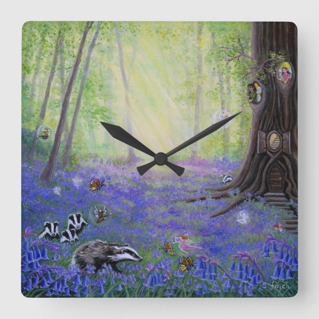 Vår Bluebell Älvor Fyrkantig Klocka (Framsida)