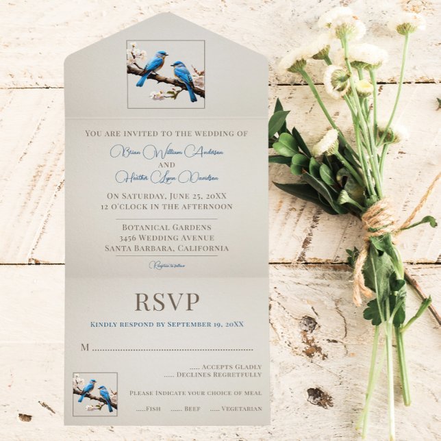 Vår Bluebirds Bröllop (Spring Bluebirds Wedding All in One Invitation)