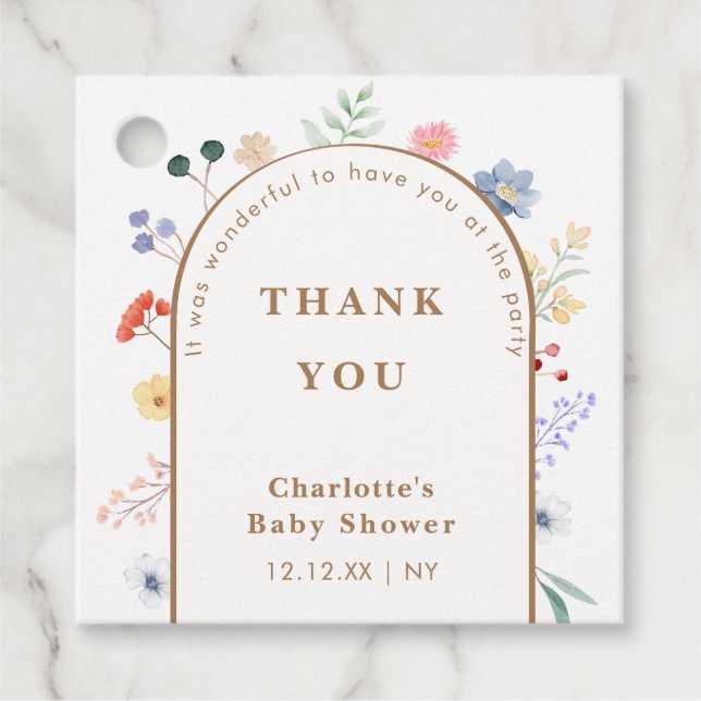 Vår Boho Arch Wildblomme Blommigt Baby Shower Gåvor Etiketter (Framsida)