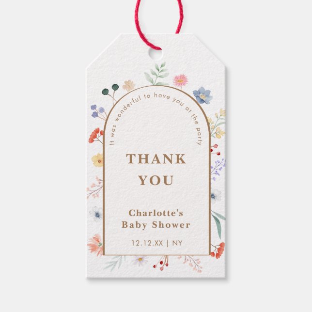 Vår Boho Arch Wildblomme Blommigt Baby Shower Presentetikett (Framsidan)