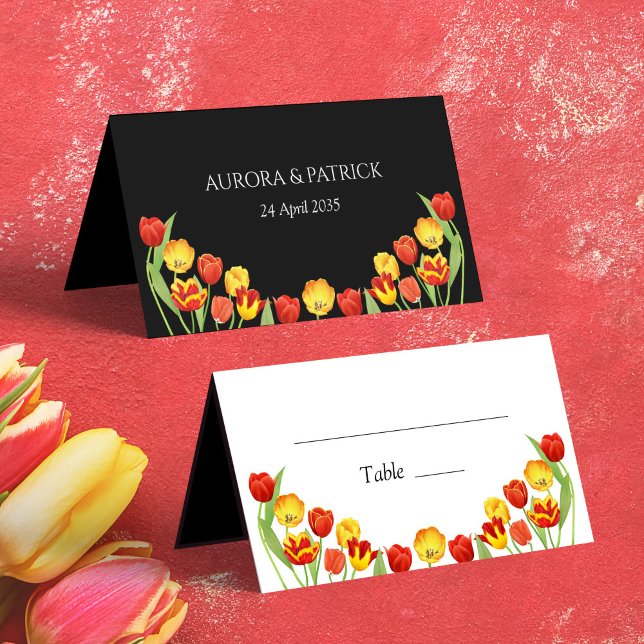 Vår Boho-Blommigt Färgfulla tulippar i Bröllop Placeringskort (Spring Boho Floral Colorful Tulips Folded Wedding Place Card)