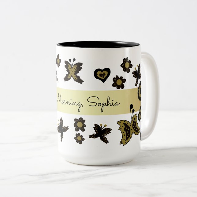 Vår Boho Bohemisk Blommig Guld Fjäril Ornamenterad Två-Tonad Mugg (Framsida höger)