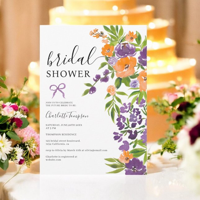 Vår Boho Lila Orange Blommigt möhippa  Inbjudningar (Spring Boho Purple Orange Floral bridal shower Invitation)