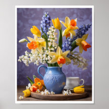 Vår Bouquet av Daffodils Hyacinths Blue Vas