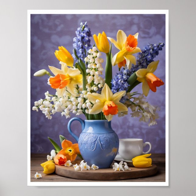 Vår Bouquet av Daffodils Hyacinths Blue Vas Poster (Framsidan)