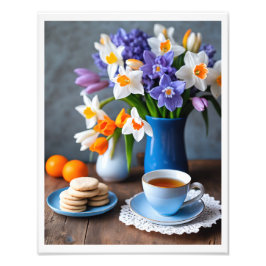 Vår Bouquet av Daffodils Hyacinths Tekopp Fototryck