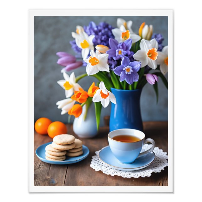 Vår Bouquet av Daffodils Hyacinths Tekopp Fototryck (Framsidan)