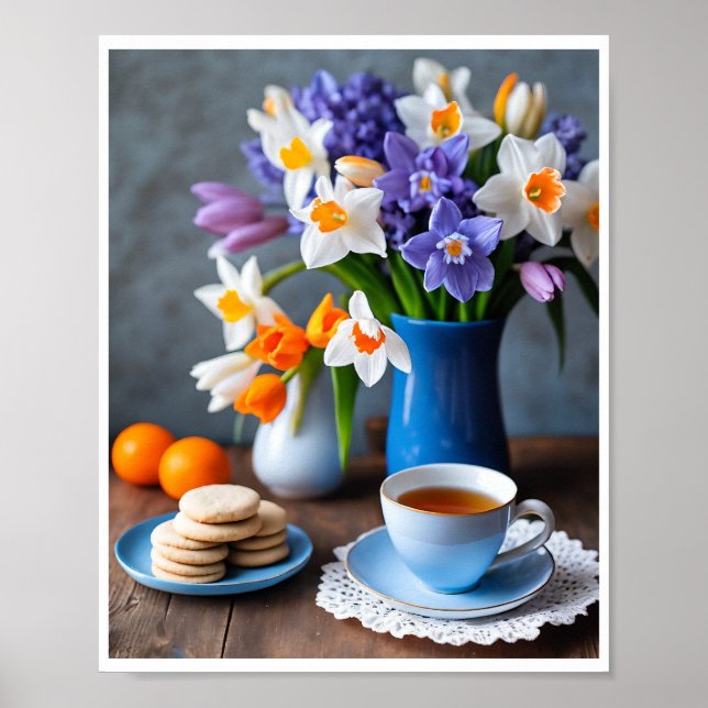 Vår Bouquet av Daffodils Hyacinths Tekopp Poster (Framsidan)