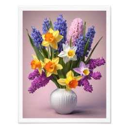 Vår Bouquet av Daffodils Hyacinths White Vas Fototryck