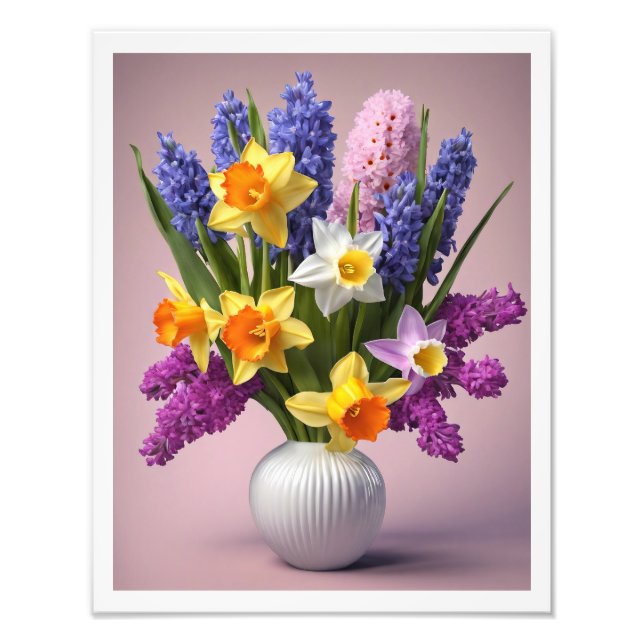 Vår Bouquet av Daffodils Hyacinths White Vas Fototryck (Framsidan)