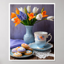 Vår Bouquet av Daffodils Tulips Tea Cookies Poster