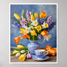 Vår Bouquet av Daffodils Tulips Tekopp Poster