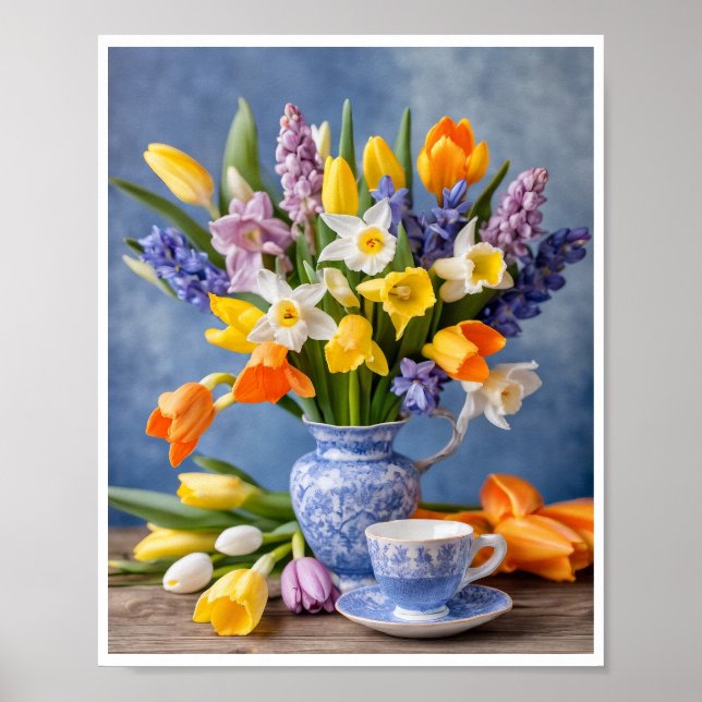Vår Bouquet av Daffodils Tulips Tekopp Poster (Framsidan)