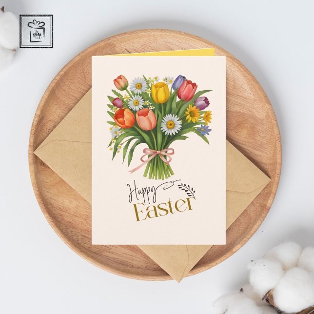Vår Bouquet Daffodil Tulip Daisy Påsk Helgdag Kort (Spring Bouquet Daffodil Tulip Daisy Easter Holiday Card)