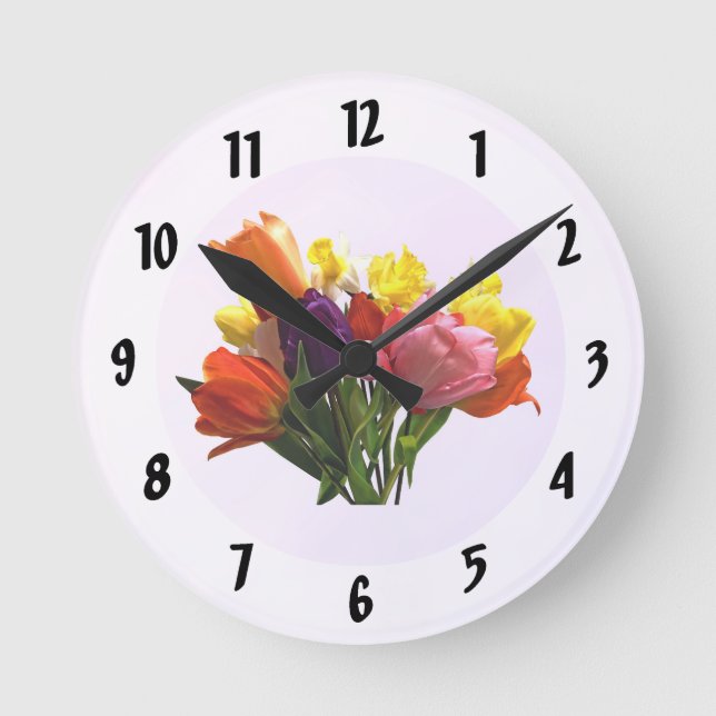 Vår Bouquet med tulips och Daffodil-väggklocka Rund Klocka (Framsida)