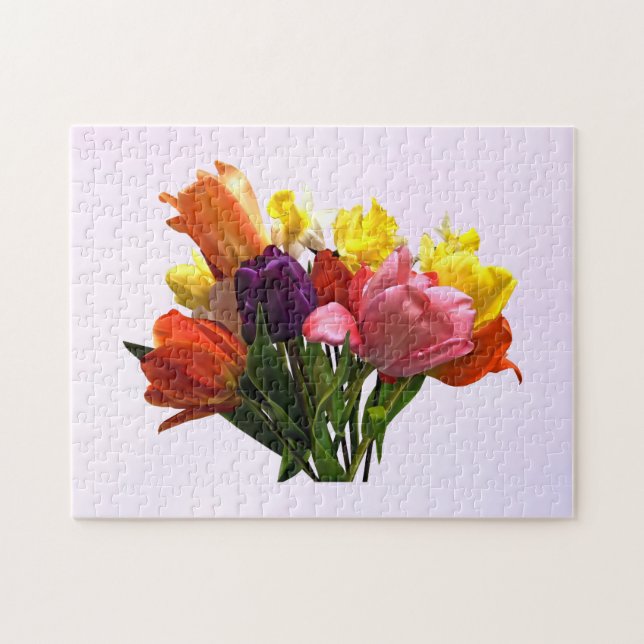 Vår Bouquet med Tulips och Daffodils Puzzle Pussel (Horisontell)
