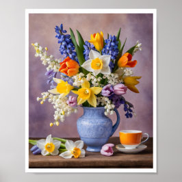 Vår Bouquet of Cheerful Daffodils Tulips Tekopp Poster