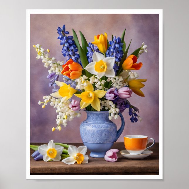 Vår Bouquet of Cheerful Daffodils Tulips Tekopp Poster (Framsidan)