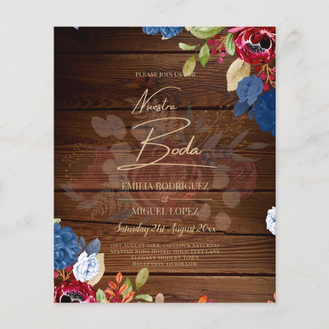 VÅR BRÖLLLOP Burgundy Blå Blommig Bröllops INVITAT Flygblad (Framsidan)